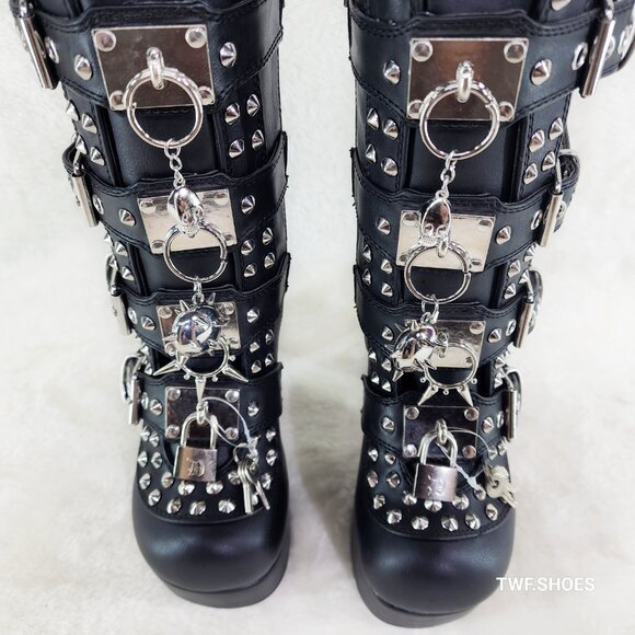 Demonia Charade Mace Charms Platform Chunky Heel Goth Mid Calf Boots - Picture 8 of 13